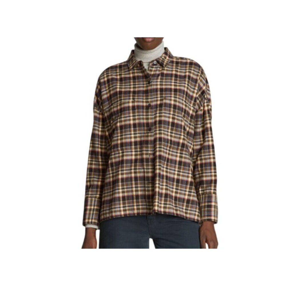 Everlane The Boxy Flannel Top~Size M~Beech Plaid Long Sleeve Shirt NWT L15 37